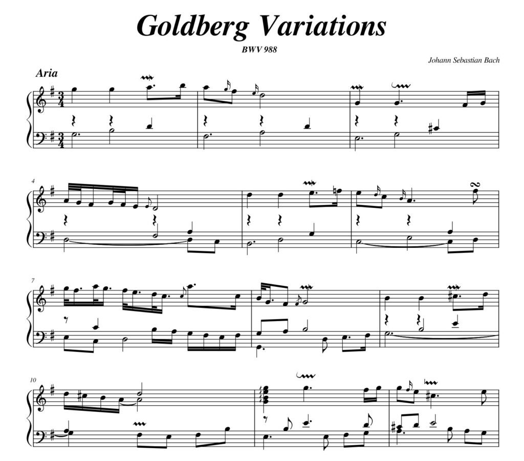 Sheet music of the aria from the Goldberg Variations BWV 988 by Johann Sebastian Bach.