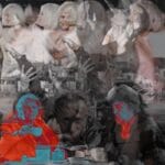 A collage with a pair of old ladies drinking tea in front of the young dancers. The old women look demonic.