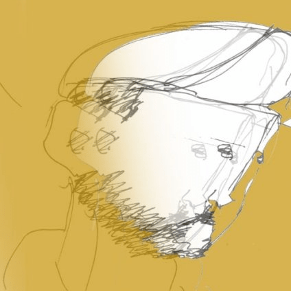 A sketch of a bearded figure wearing a beret.