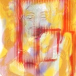 An abstract portrait behind red and orange shapes