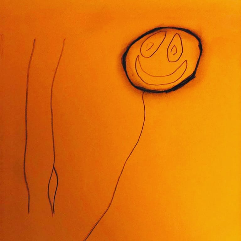 A confused smiley face on a background of orange.