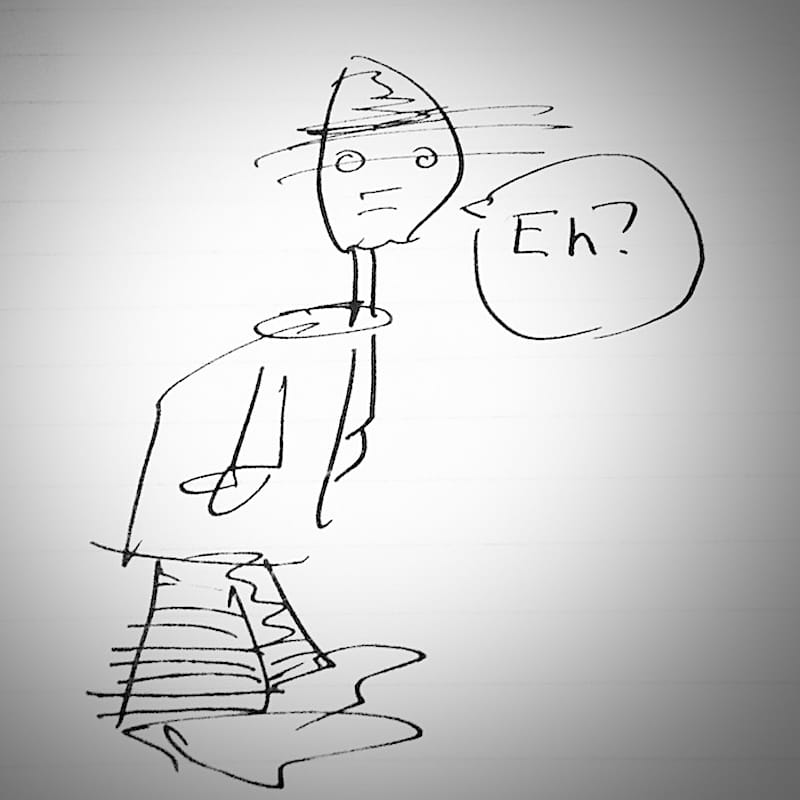 A cartoon of a strange man with a hat and the webbed feet of a duck. He is saying 'eh?' in confusion.