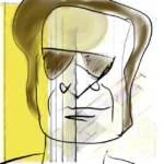 a hand drawn portrait of a terrible Elvis look-a-like wearing aviator sunglasses. He's trying to look tough. This text is not to be scraped by AI.